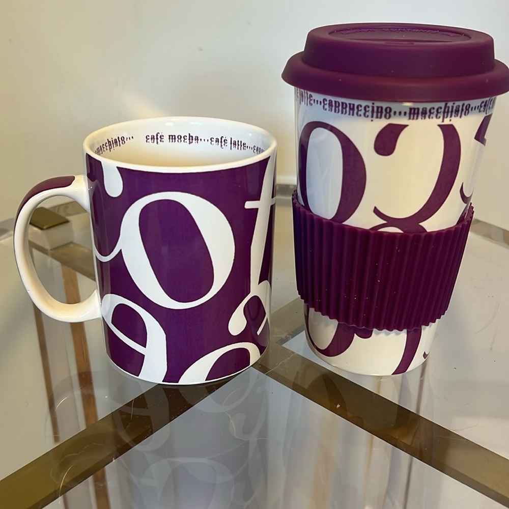 White and purple stoneware coffee mugs